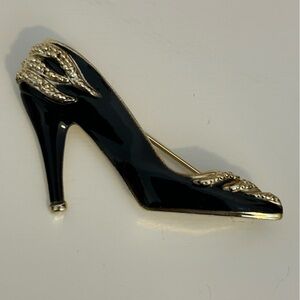 Vintage AJC signed black enamel and gold-tone high heel stiletto shoe brooch